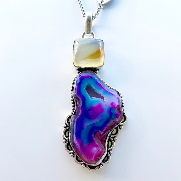 925 Sterling silver purple pink agate necklace - Picture 6 of 9